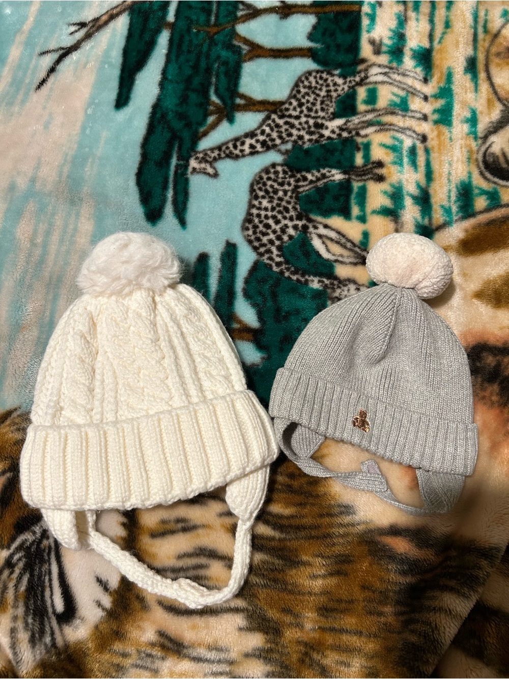 Kids Pom-Pom Ear-Flap Hats - Cream & Light Gray